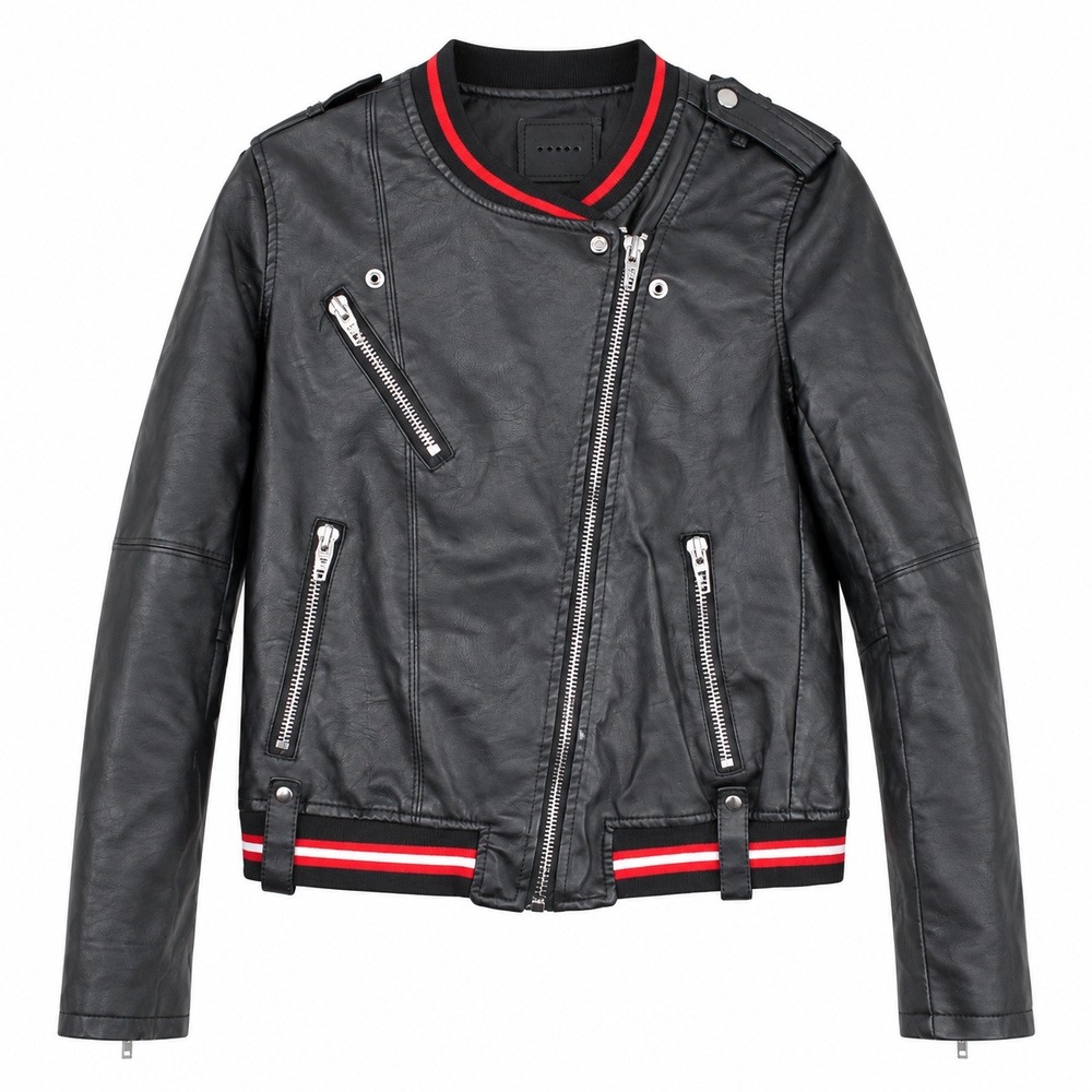 Blank NYC Womens Black Vegan Leather Moto Jacket Red Striped Trim Size M